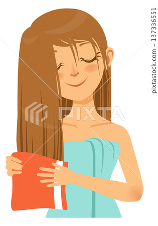 Woman drying hair with towel. Hygiene procedure icon Woman drying hair with towel. Hygiene procedure icon 137336551