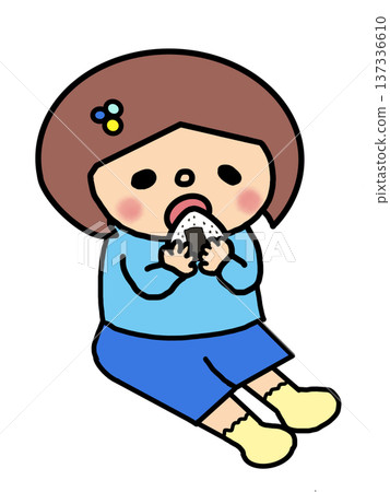 A girl with a bob haircut munching on a rice ball A girl with a bob haircut munching on a rice ball 137336610