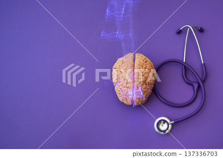 Brain model and stethoscope on purple background representing neurological health Brain model and stethoscope on purple background representing neurological health 137336703