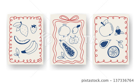 Set posters with fruit and whimsical frames in  Mediterranean style 137336764