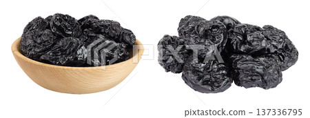 Prunes in wooden bowl isolated on white background, heap of dried plums Prunes in wooden bowl isolated on white background, heap of dried plums 137336795