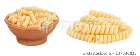 Italian spiral shaped pasta, Fusilli bucati macaroni in ceramic bowl, isolated on white background Italian spiral shaped pasta, Fusilli bucati macaroni in ceramic bowl, isolated on white background 137336825