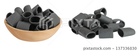 Black pasta with cuttlefish ink in wooden bowl isolated on white background Black pasta with cuttlefish ink in wooden bowl isolated on white background 137336830