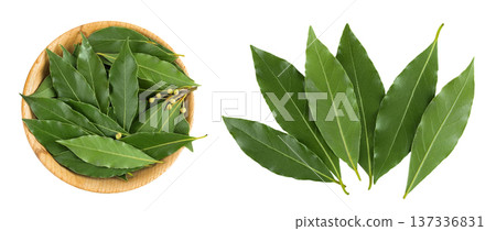 Fresh Laurel leaves in wooden bowl isolated on white background. Green bay leaf. Top view. Flat lay. Fresh Laurel leaves in wooden bowl isolated on white background. Green bay leaf. Top view. Flat lay. 137336831