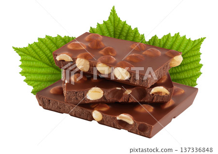 Chocolate with hazelnuts isolated on white background with full depth of field. 137336848