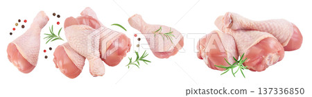 Raw chicken leg or drumstick isolated on white background with full depth of field. Top view. Flat lay 137336850