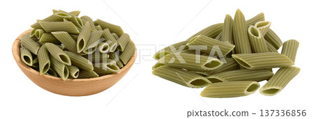 Green pea penne pasta in wooden bowl isolated on white background . Organic food speciality. Gluten free. Top view. Flat lay 137336856