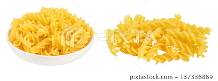 raw Fusilli pasta in ceramic bowl isolated on white background with full depth of field 137336869