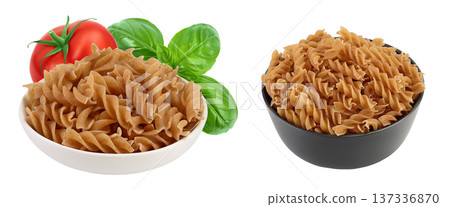 Wolegrain fusilli pasta from durum wheat in bowl isolated on white background with full depth of field. 137336870