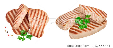 Tuna fish steak grilled isolated on white background with full depth of field 137336873