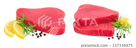 Fresh tuna fish fillet steak with rosemary, lemon and peppercorns isolated on white background with full depth of field 137336875