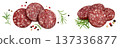 Smoked sausage salami slices isolated on white background with full depth of field. Top view. Flat lay 137336877