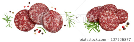Smoked sausage salami slices isolated on white background with full depth of field. Top view. Flat lay 137336877