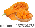 butternut squash diced in wooden bowl isolated on white background with full depth of field 137336878