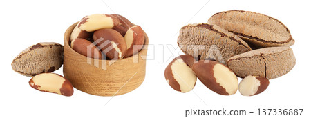Brasil nuts in wooden bowl isolated on white background with full depth of field. 137336887