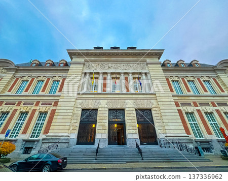 Front view of ancient-style architecture building in Leuven, Belgium 137336962