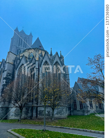 Gothic cathedral of Ghent against a stunning blue sky background Gothic cathedral of Ghent against a stunning blue sky background 137336980