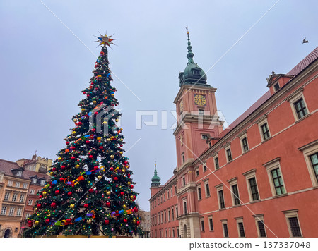 A tall Christmas tree in front of the Royal Castle in Warsaw 137337048