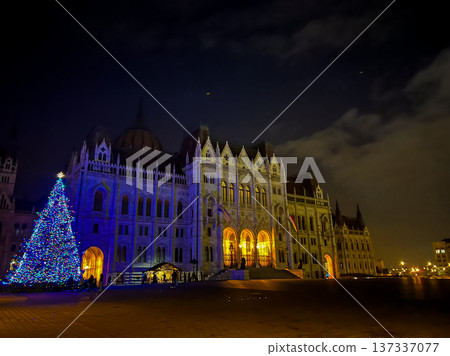 Night view of the hungarian parliament building with christmas lights and tree 137337077