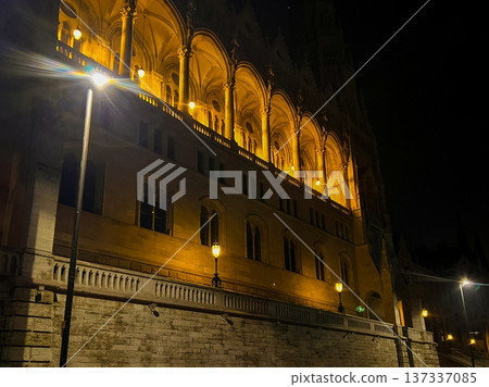 Nighttime photograph of the front facade of the Hungarian Parliament Building Nighttime photograph of the front facade of the Hungarian Parliament Building 137337085