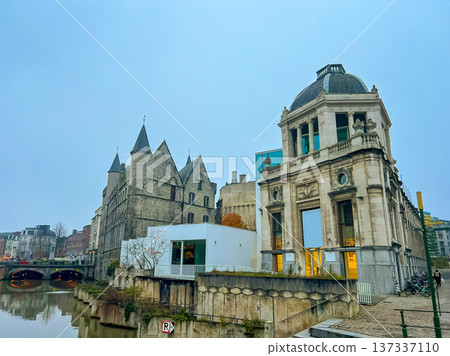 Cinematic wide-angle photograph of gothic-style architecture in Ghent 137337110