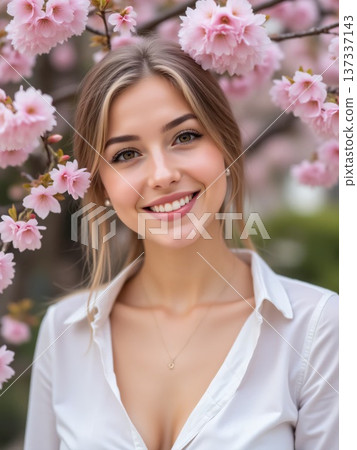 外國遊客在公園四處觀賞櫻花。 137337143