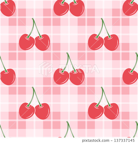Vector Cherry Seamless Pattern Background with Cute Red Cherries on Pink Gingham Grid. Cherry Fruit Wallpaper for Textile, Fabric, Wrapping Paper, Surface Design. Cherry Repeat Print 137337145