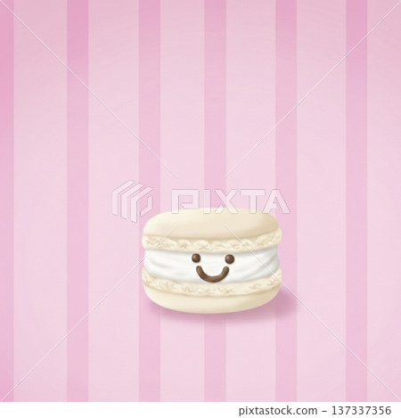 粉紅色條紋背景上的可愛馬卡龍圖案，留有文字空間 137337356