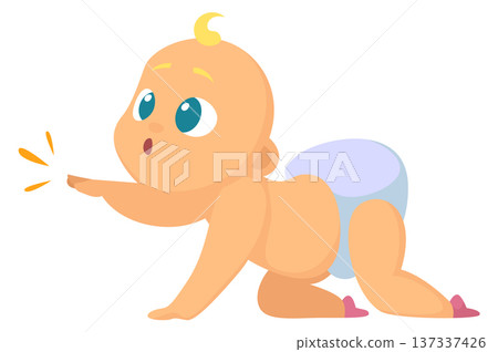 Crawling baby pointing hand. Healthy toddler character 137337426