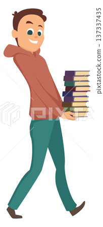 Boy carry stack of books. Student cartoon character 137337435