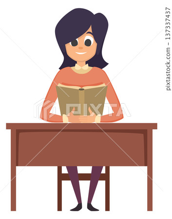 Studying young woman cartoon character. Girl read book 137337437