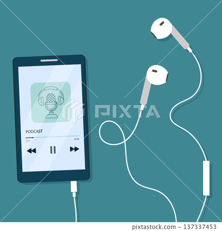 Podcast on mobile phone screen with headset. Vector illustration in flat cartoon style. Podcast on mobile phone screen with headset. Vector illustration in flat cartoon style. 137337453