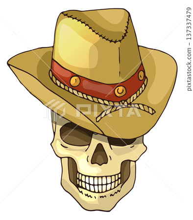 Skull in cowboy hat. Dead skeleton color drawing Skull in cowboy hat. Dead skeleton color drawing 137337479