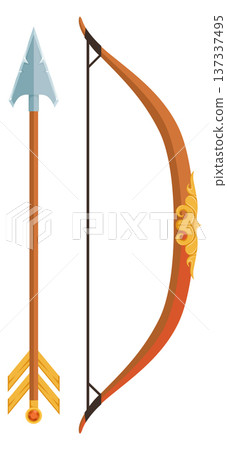 Bow and arrow cartoon icon. Ancient wooden weapon Bow and arrow cartoon icon. Ancient wooden weapon 137337495