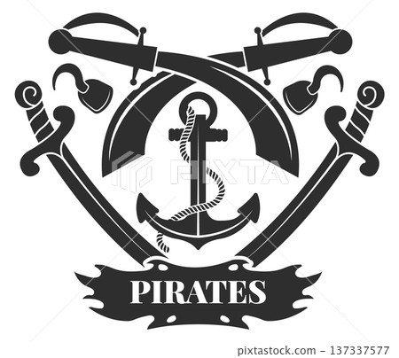 Vintage pirate emblem. Crossed weapons black logo 137337577