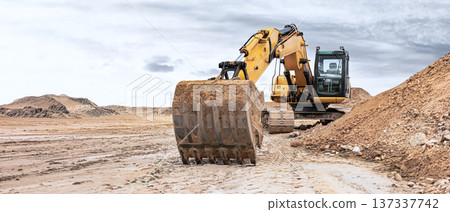 Heavy equipment moves dirt on a construction site. The excavator digs and shifts soil while surrounded by dirt piles. Clouds fill the sky above 137337742