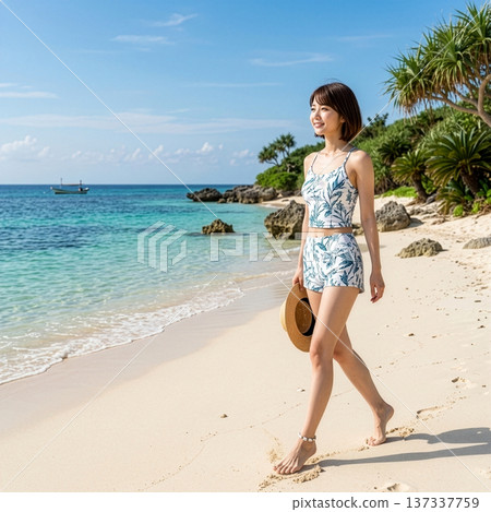 泳裝的婦女走在海灘的 137337759