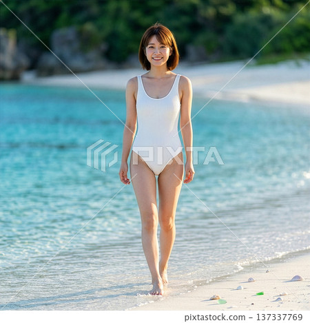 身穿白色泳衣的可愛女子在海灘上散步 137337769