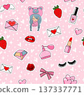 Vector cute seamless pattern with girly doodles, hearts, cosmetics, teddy bear, strawberry and lips on pink background. Fun cartoon design for fashion, wallpaper, wrapping paper 137337771