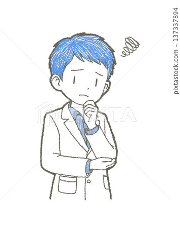 手繪插圖,描繪了一位身穿白大褂的男性醫務人員,他一手托著下巴,神情憂慮。 手繪插圖,描繪了一位身穿白大褂的男性醫務人員,他一手托著下巴,神情憂慮。 137337894