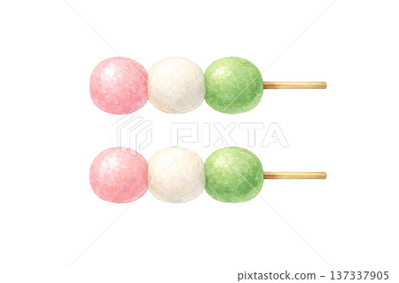 Three-colored dumplings, two pieces, watercolor illustration, spring Japanese sweets material 137337905