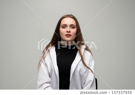 Young woman with natural beauty looking directly at the camera, showing a confident and authentic expression 137337939