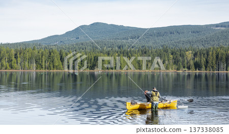 Fisher man preparing his boat for trip on a forest lake. Fisher man preparing his boat for trip on a forest lake. 137338085
