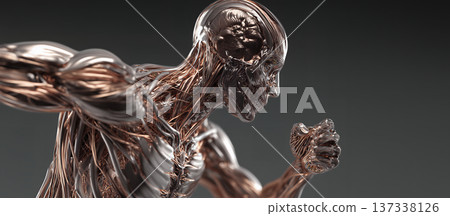 Precise drawing of muscles and skull. Comprehensive artistic representation highlighting intricate details of muscular tissues and skull bones 137338126