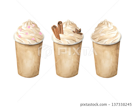 A set of watercolor coffee cups with frappe, Viennese cappuccino, and cinnamon. Watercolor cocoa on a white background in a hand-drawn vintage style. Perfect for cafes, menus, and print. A set of watercolor coffee cups with frappe, Viennese cappuccino, and cinnamon. Watercolor cocoa on a white background in a hand-drawn vintage style. Perfect for cafes, menus, and print. 137338245