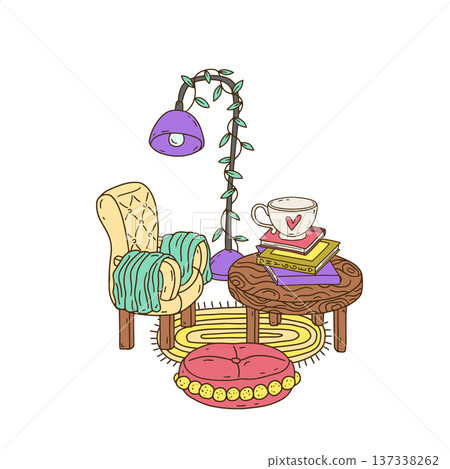 Cozy scandinavian lifestyle scene with books on a table and armchair. Hand drawn line art peaceful home still life 137338262