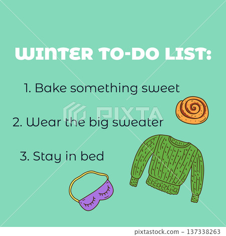 Card with winter to do list text and line art illustrations, on light blue background Card with winter to do list text and line art illustrations, on light blue background 137338263