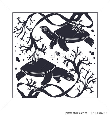Art nouveau style turtle couple swimming in ocean amongst seaweed hand drawn vector illustration Art nouveau style turtle couple swimming in ocean amongst seaweed hand drawn vector illustration 137338265