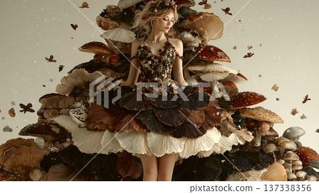 A fantastical woman in a dress surrounded by countless mushrooms 137338356