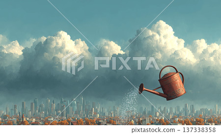 人們用澆水壺為城市建築物上空的積雨雲澆水。 137338358